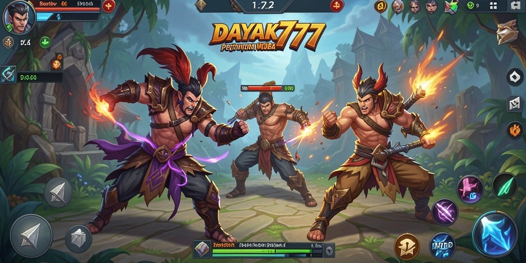 Screenshot gameplay <strong>DAYAK777</strong> yang menampilkan aksi seru di arena pertarungan.
