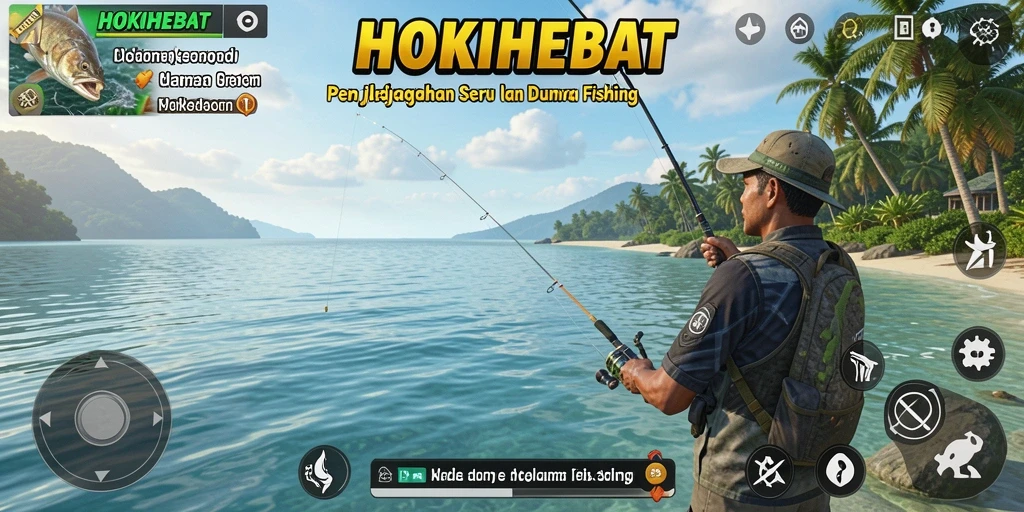 Gameplay HOKIHEBAT menampilkan momen memancing yang mendebarkan di lokasi indah.